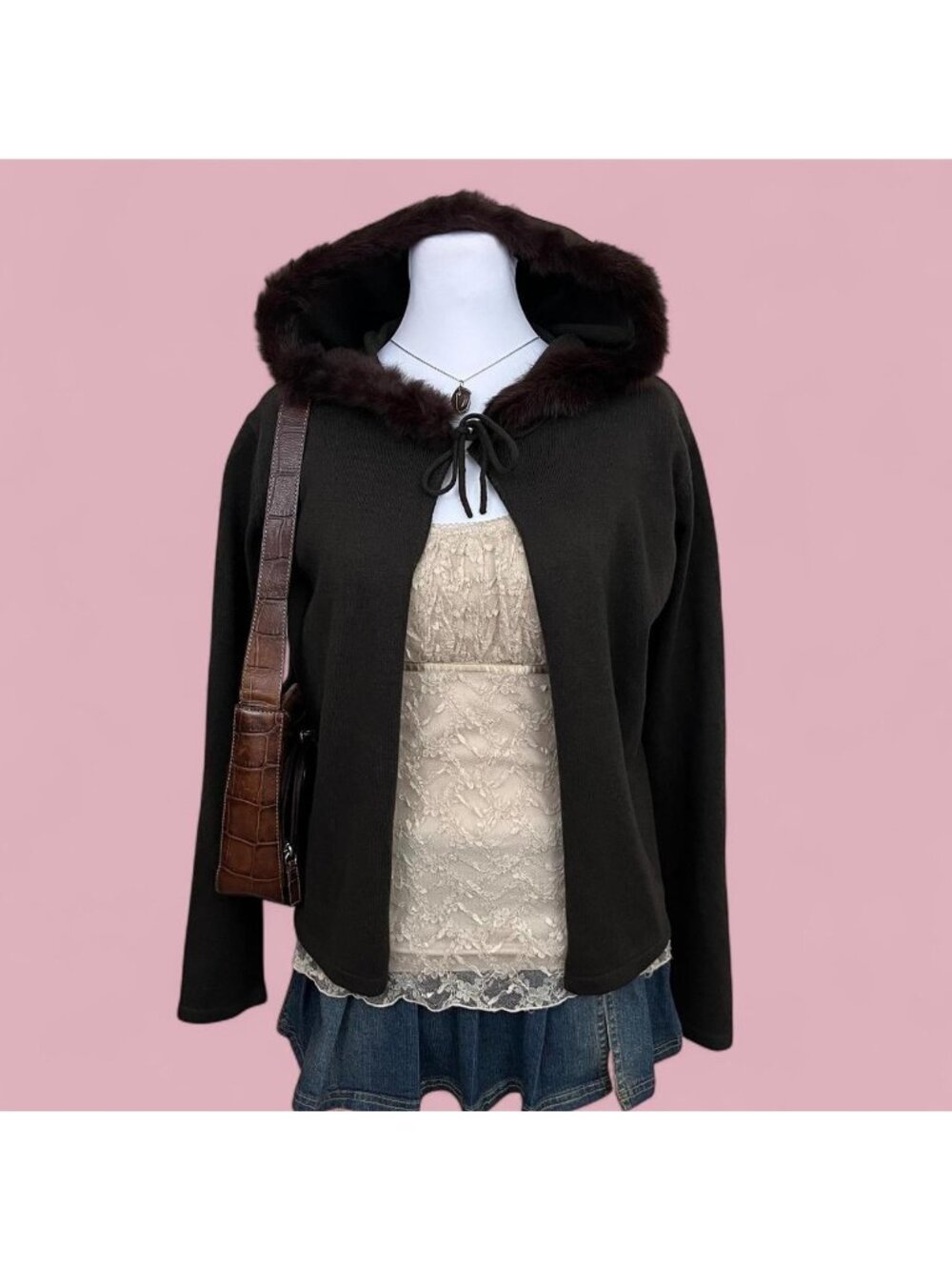 y2k brown faux fur trim mcbling it girl cardigan